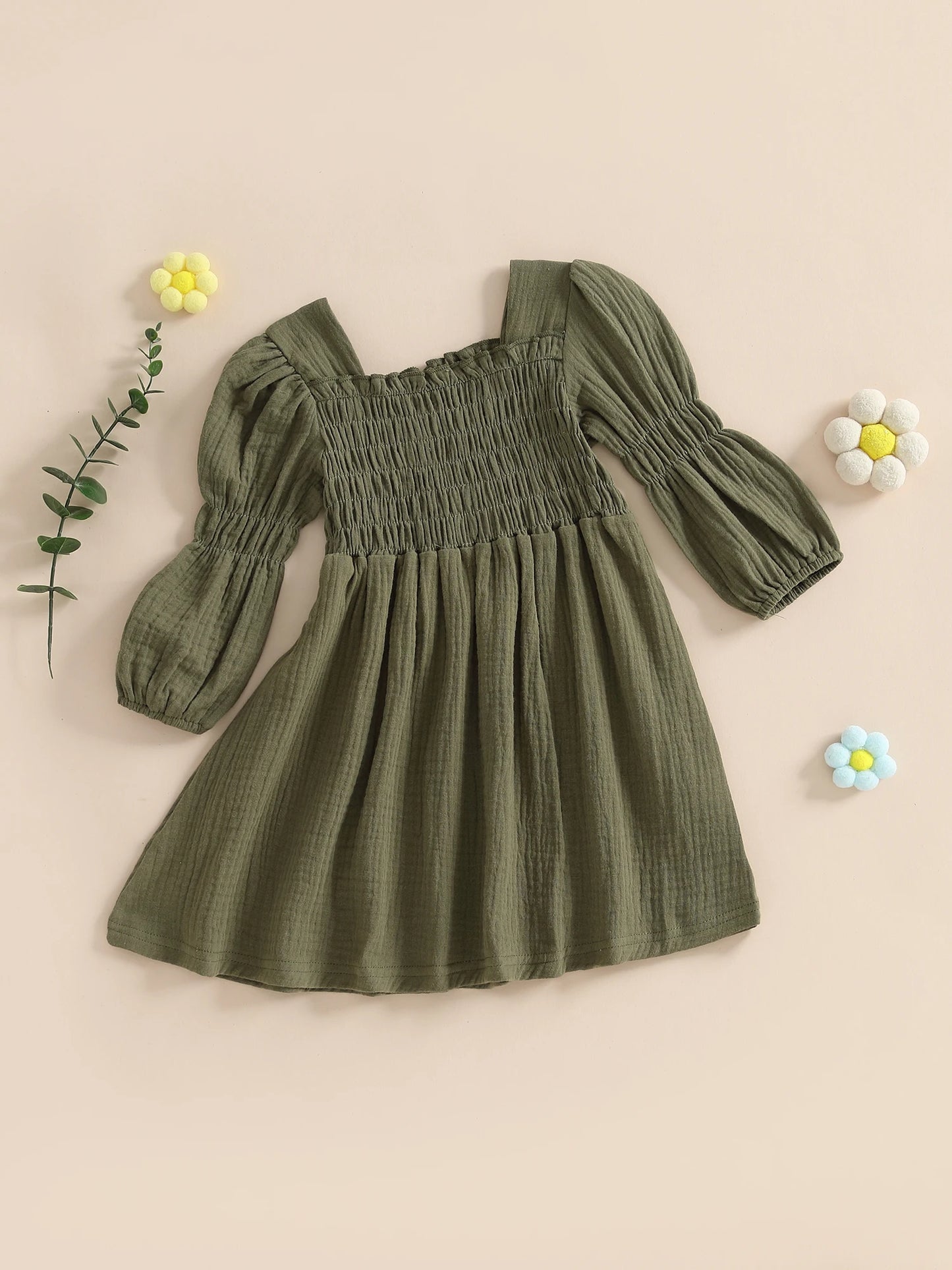 Baby Toddler Girl Bubble Sleeve Dress Stylish Solid Smocked Square Neck Long Sleeve A Line Dress