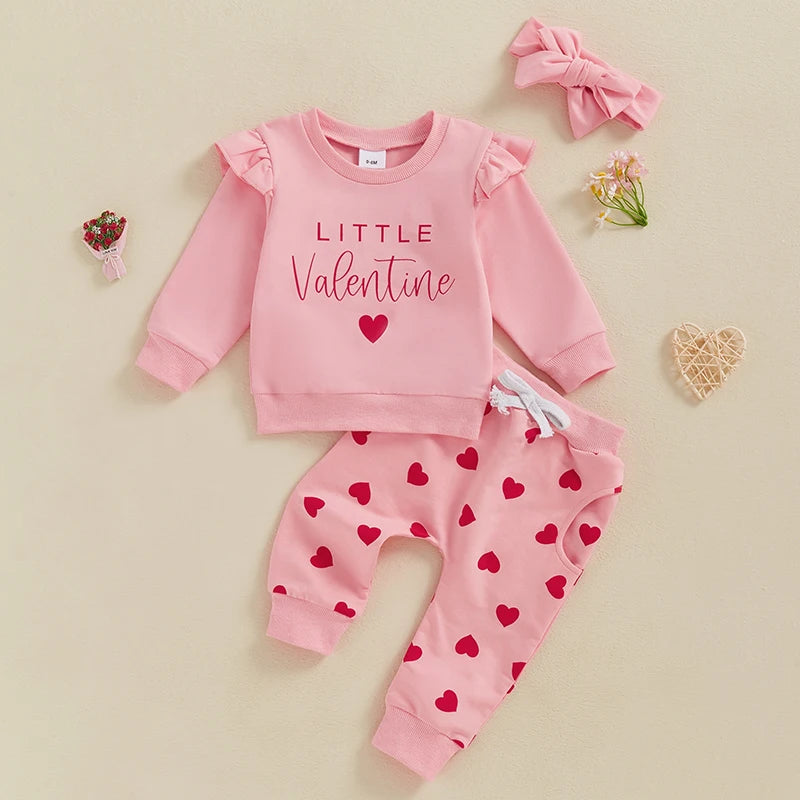 Baby Toddler Girls 3Pcs Little Valentine Valentine's Day Outfit Letter Print Flying Sleeve Top with Heart Pattern Jogger Pants and Headband Set Valentines