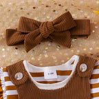 Baby Girls 2Pcs Thanksgiving Christmas Outfits Stripe Long Sleeve Romper Turkey / Santa Embroidery Overalls Dress Headband Set