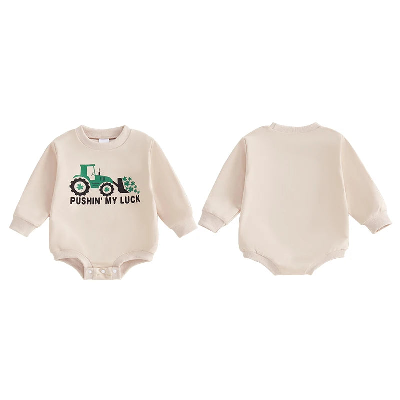 Baby Boys Pushin' My Luck Romper Letter Shamrock Tractor Print Long Sleeve Crew Neck Bubble Jumpsuit