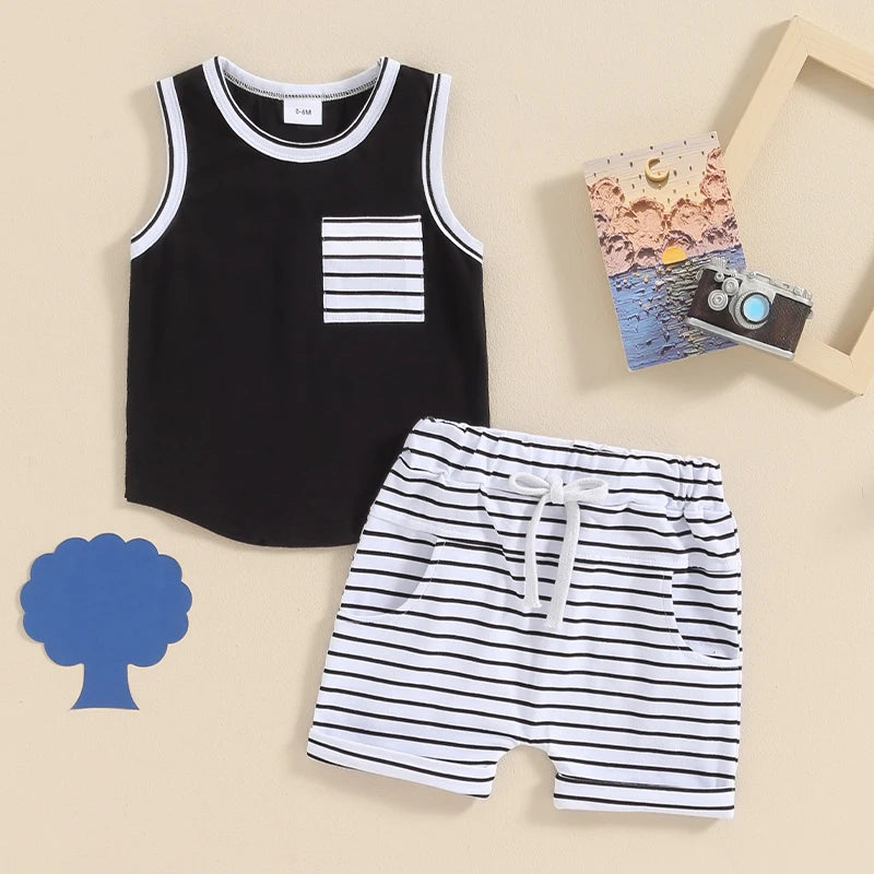 Baby Toddler Boys 2Pcs Summer Outfit Pocket Sleeveless Tank Top and Stripe Elastic Waist Shorts Clothes Set