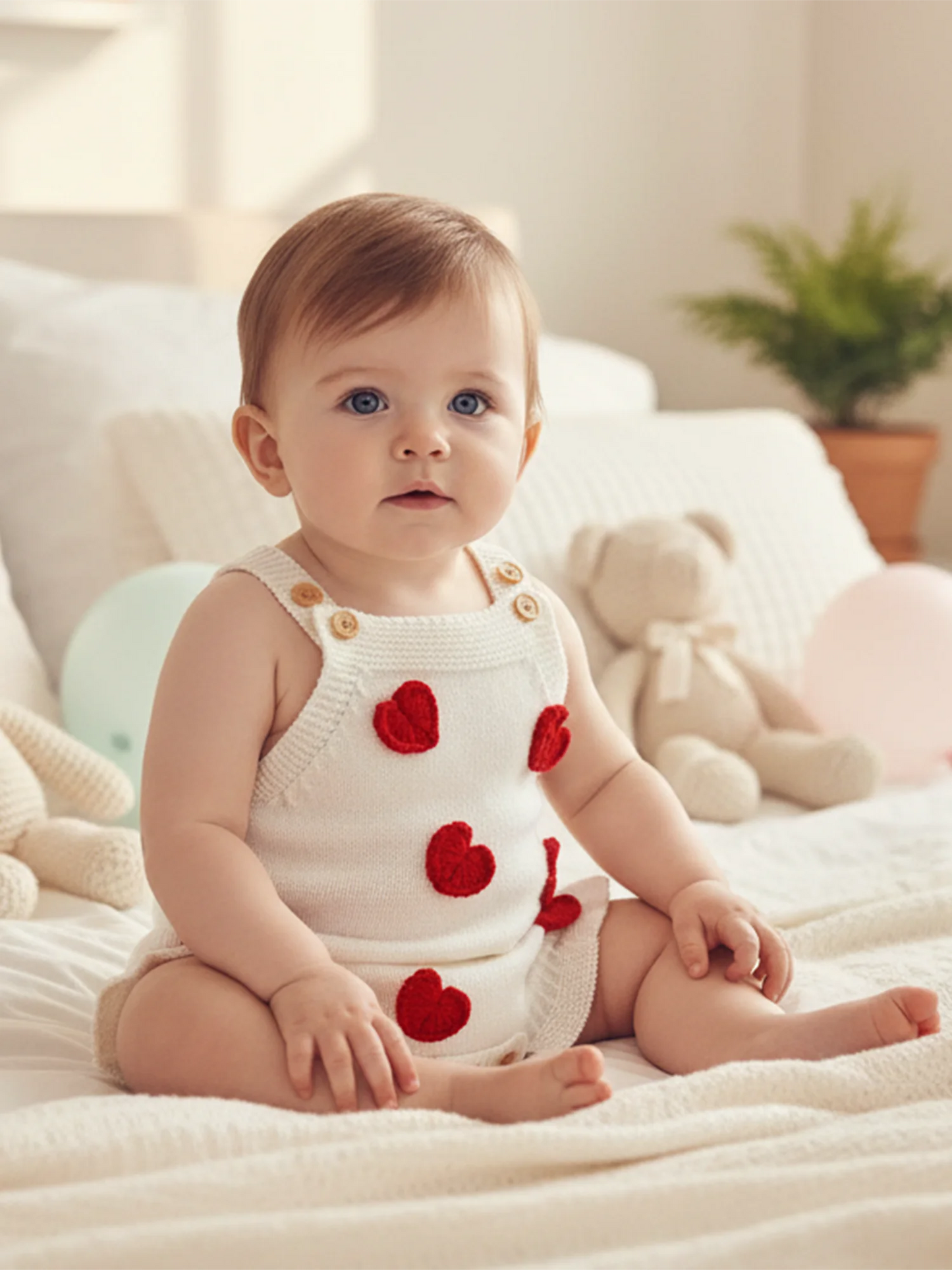 Baby Girl Valentine’s Day Sweater Romper Sleeveless Square Neck Heart Bodysuit Newborn Knit Overalls