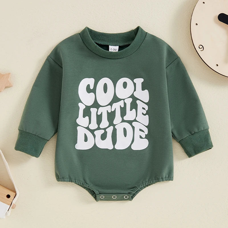 Baby Boy Cool Little Dude Bubble Romper Letter Print Round Neck Long Sleeve Casual Jumpsuit Bodysuit