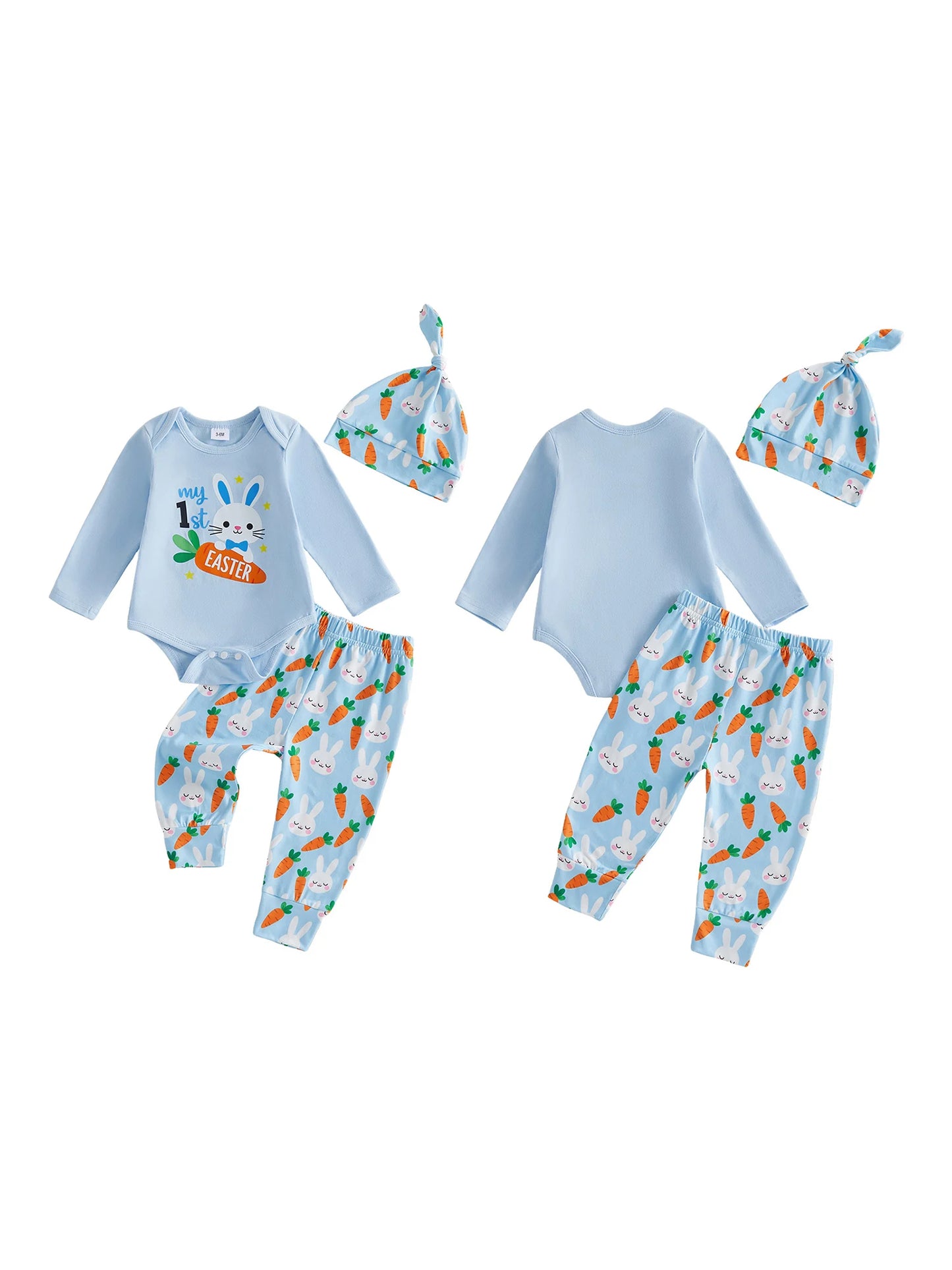 Baby Boy 3Pcs My 1st Easter Outfit Bunny Carrot Print Crew Neck Long Sleeve Romper Pants and Hat Set