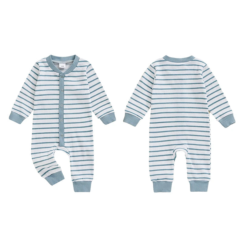 Baby Girl Boy Fall Romper Stripe Print Round Neck Long Sleeve Full Length Jumpsuit