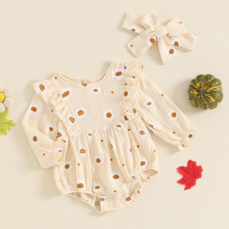 Baby Girls 2Pcs Halloween Thanksgiving Outfit Long Sleeve Pumpkin Flower Pie Print Romper with Headband Set