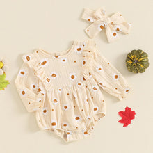 Load image into Gallery viewer, Baby Girls 2Pcs Halloween Thanksgiving Outfit Long Sleeve Pumpkin Flower Pie Print Romper with Headband Set
