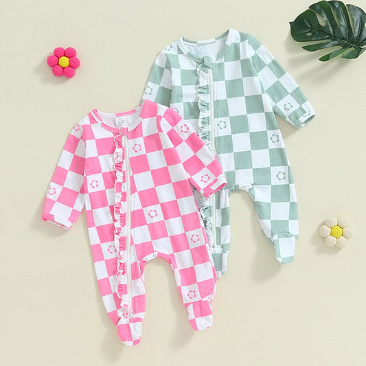 Baby Girls Footie Long Sleeve Crew Neck Zip Closure Checker Flower Print Fall Jumpsuit Zipper Romper