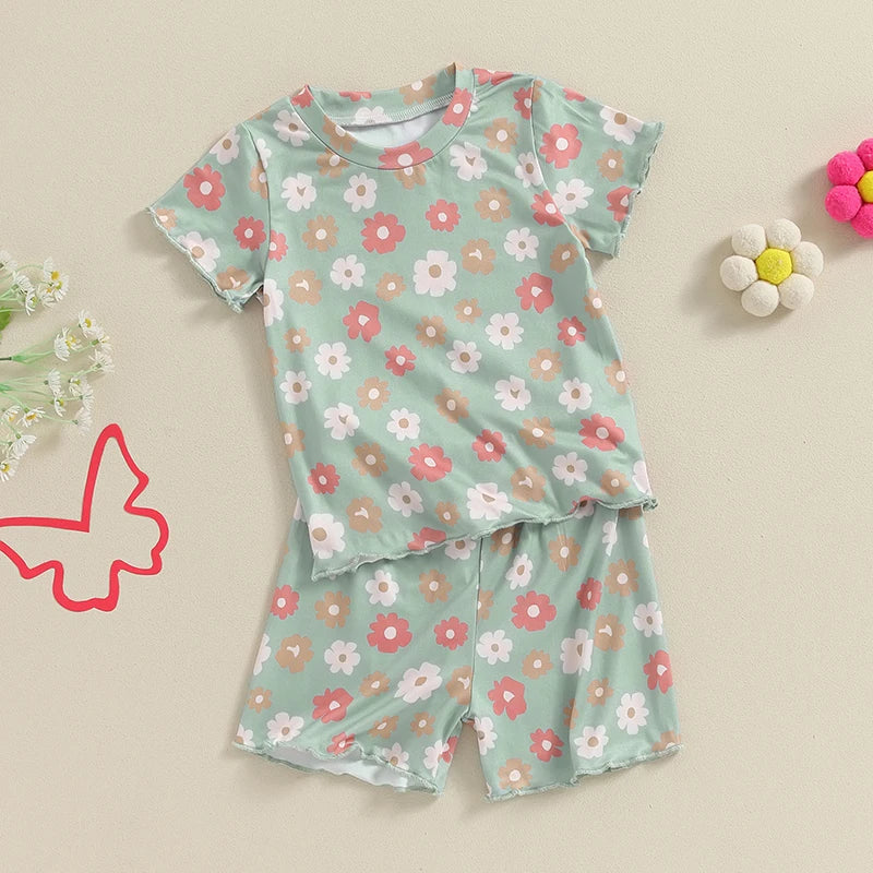 Baby Toddler Girls 2Pcs Flowers Short Sleeve O Neck Floral Print Top Matching Shorts Set Outfit