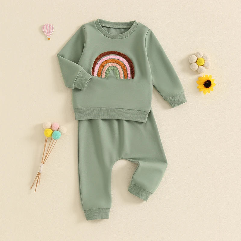 Baby Toddler Girls 2Pcs Outfit Embroidery Rainbow Long Sleeve Crew Neck Top with Elastic Waist Pants Set