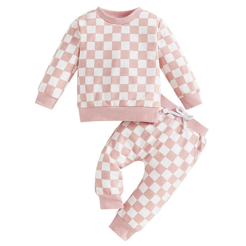 Baby Toddler Girls 2Pcs Fall Sets Long Sleeve O Neck Checkerboard Print Top Drawstring Pants Jogger Set