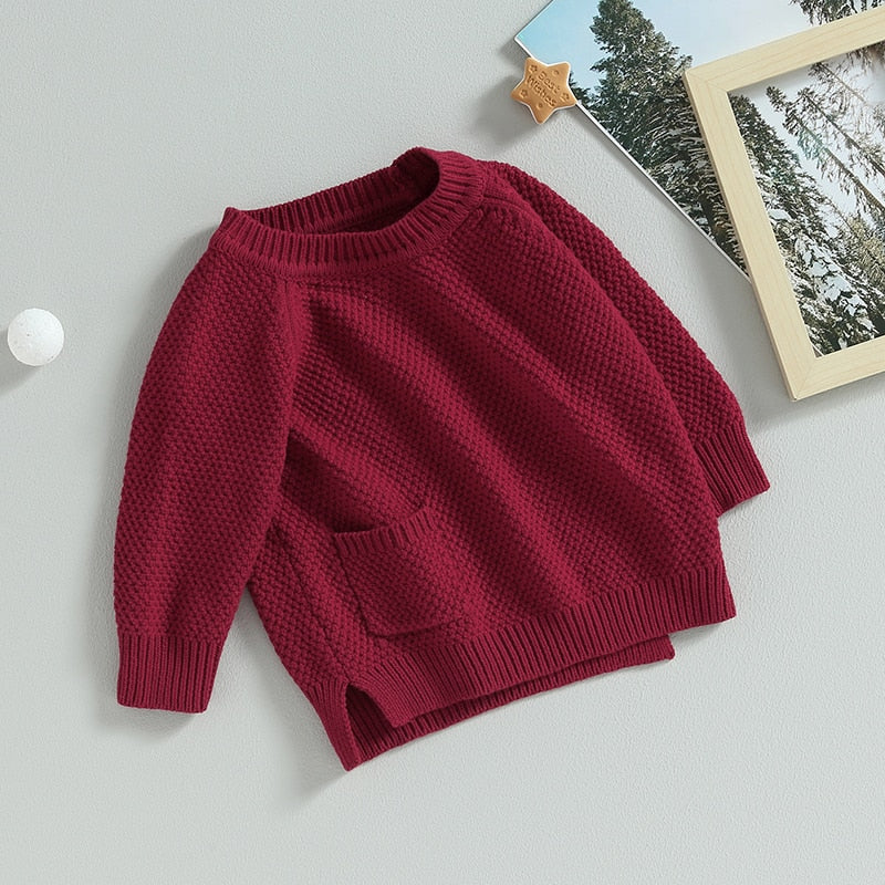 Baby Boy Girl Knitted Sweater Warm Long Sleeve Pullover with Pocket Autumn Knitwear