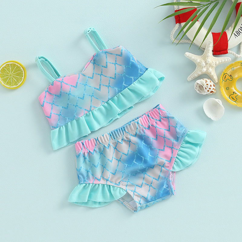 Baby Toddler Girls 2Pcs Bikini Sets Scale/Shell/Floral Print Sleeveless Tank Top and Bottoms Bathing Suit Set
