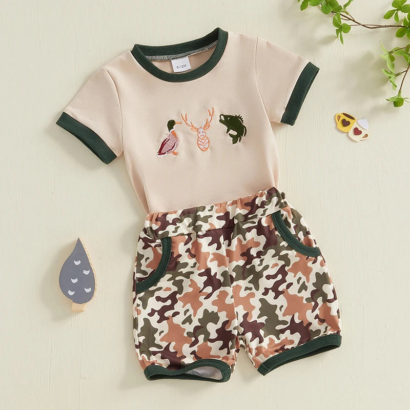 Baby Toddler Boys 2Pcs Summer Outfit Duck Embroidery Short Sleeve Top and Elastic Camouflage Shorts Set