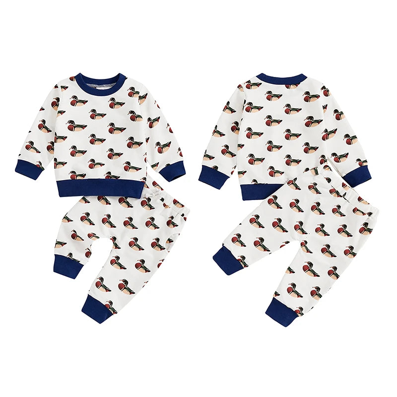 Baby Toddler Boys 2Pcs Fall Jogger Set Duck Print Long Sleeve Crew Neck Top with Elastic Waist Pants Outfit