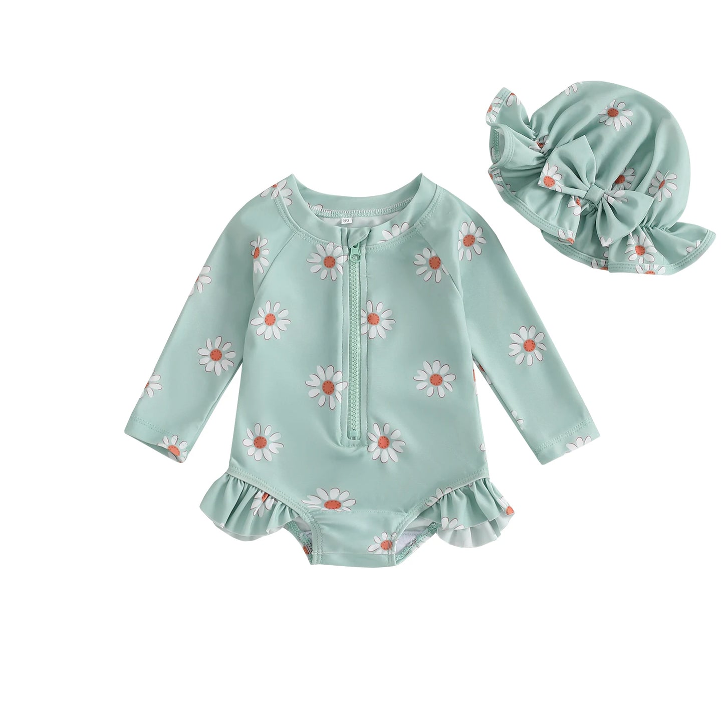 Baby Toddler Girls 2Pcs Swimsuit Daisy Flower Print Long Sleeve Round Neck Swimwear Front Zipper Bathing Suit and Hat Set