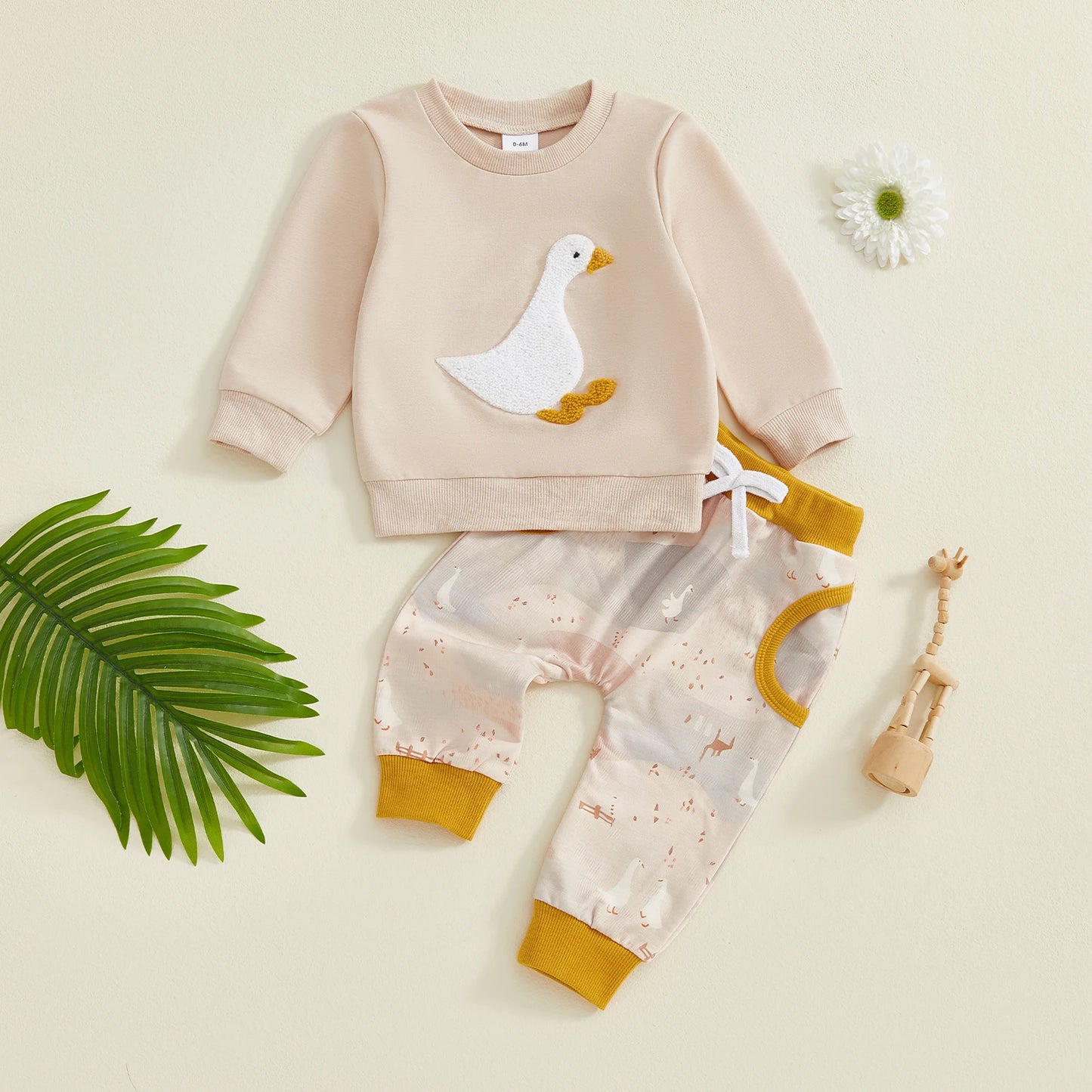 Baby Toddler Boys 2Pcs Fall Set Fashionable Long Sleeve Chicken/Duck Embroidery Pullover Top with Print Jogger Pants 2 Pcs Outfits