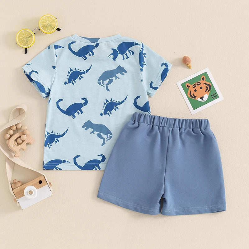 Baby Toddler Boys 2Pcs Outfit Dinosaur Print Short Sleeve Top Elastic Waist Shorts Clothes Set