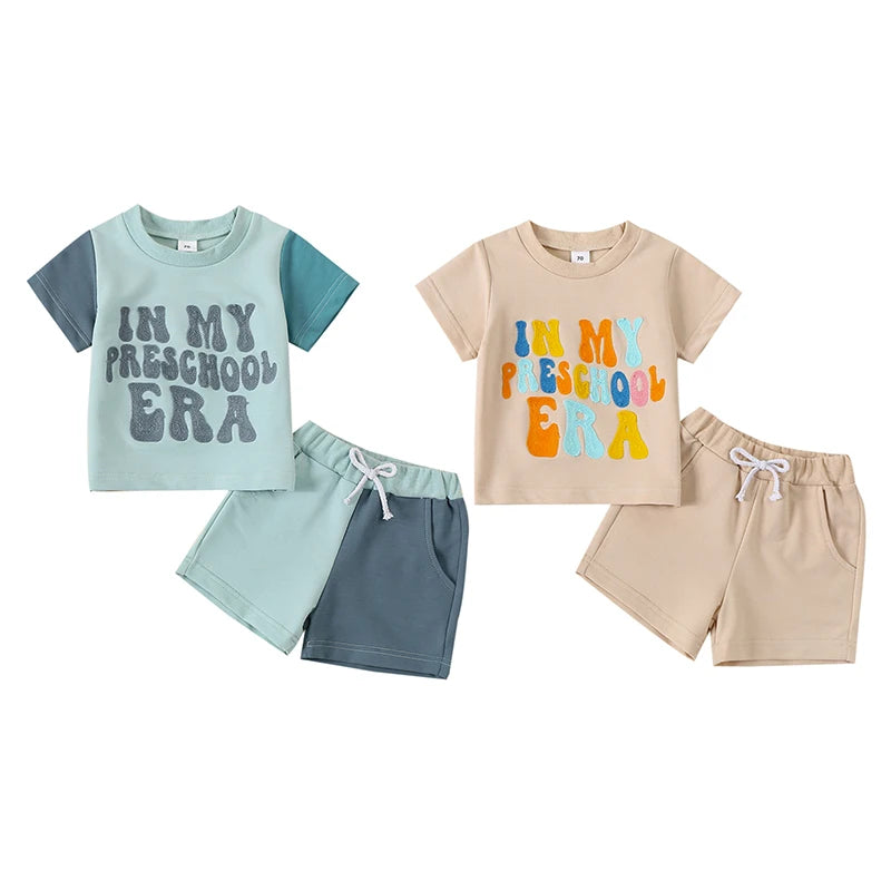 Toddler Kids Boys 2Pcs In My Preschool Era Summer Outfit Short Sleeve Letter Top + Pocket Shorts Set