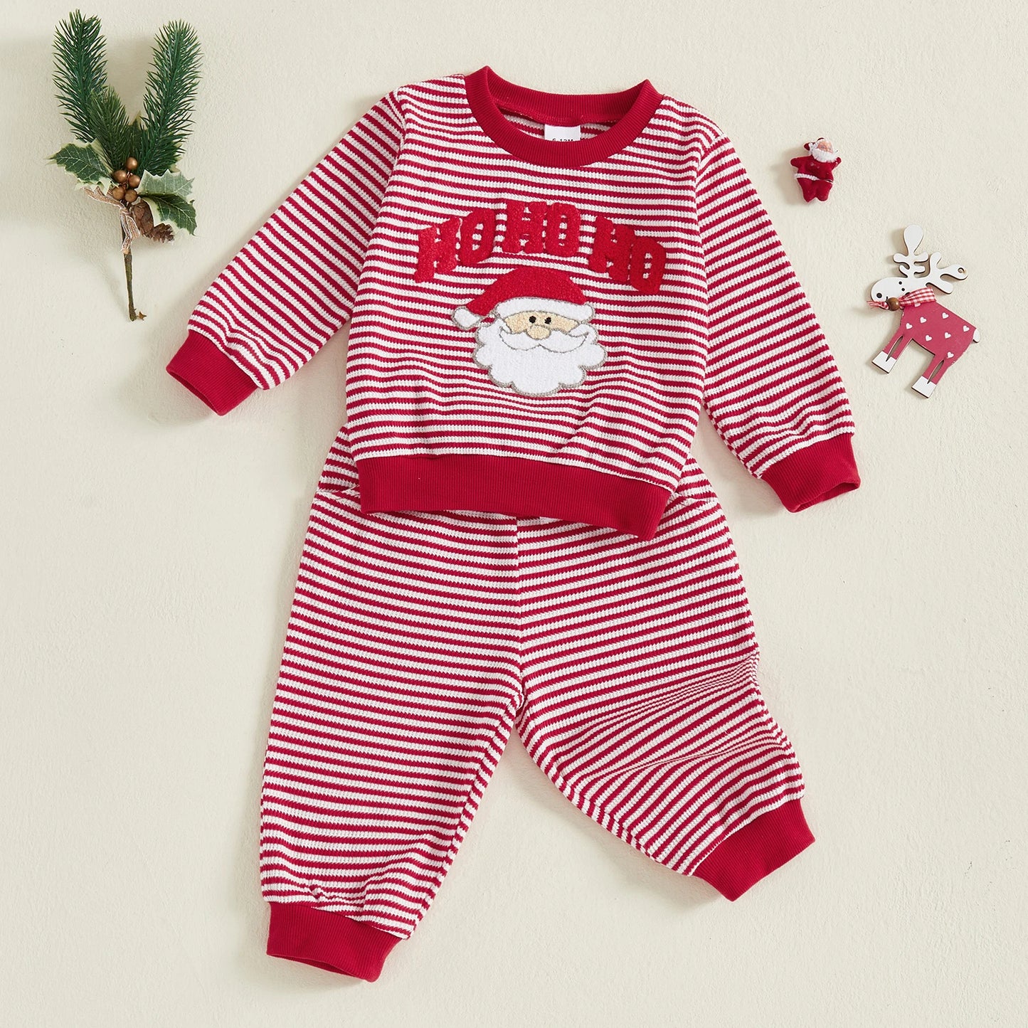Baby Toddler Boys Girls 2Pcs Ho Ho Ho Christmas Striped Jogger Set Fashionable Long Sleeve Santa Claus Embroidery Pullover Top with Pants 2 Pcs Outfit