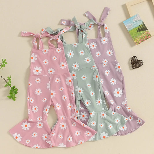 Baby Toddler Girls Summer Flare Leg Jumpsuit Daisy Flower Print Sleeveless Tie-Up Tank Top Bell-Bottoms Romper Overalls