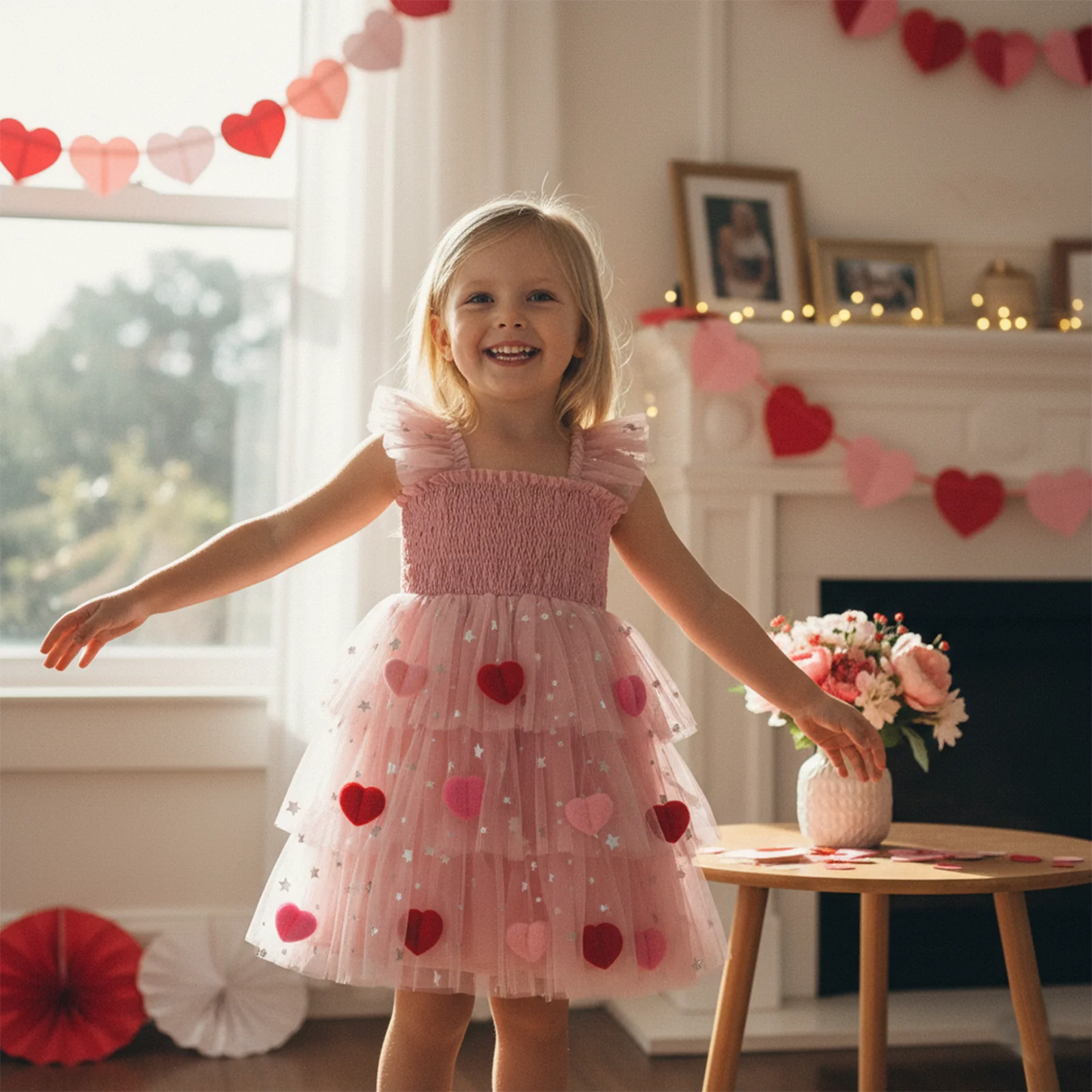 Baby Toddler Kids Girls Valentine's Day Tutu Dress Heart Decorated Sleeveless Square Neck Tulle Layered Dress