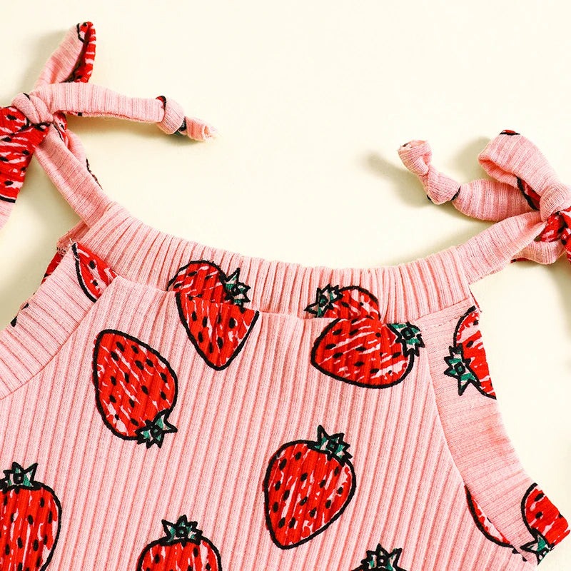 Baby Toddler Girls Sleeveless Fruit Strawberry Print Jumpsuit Romper Tie-up Playsuit