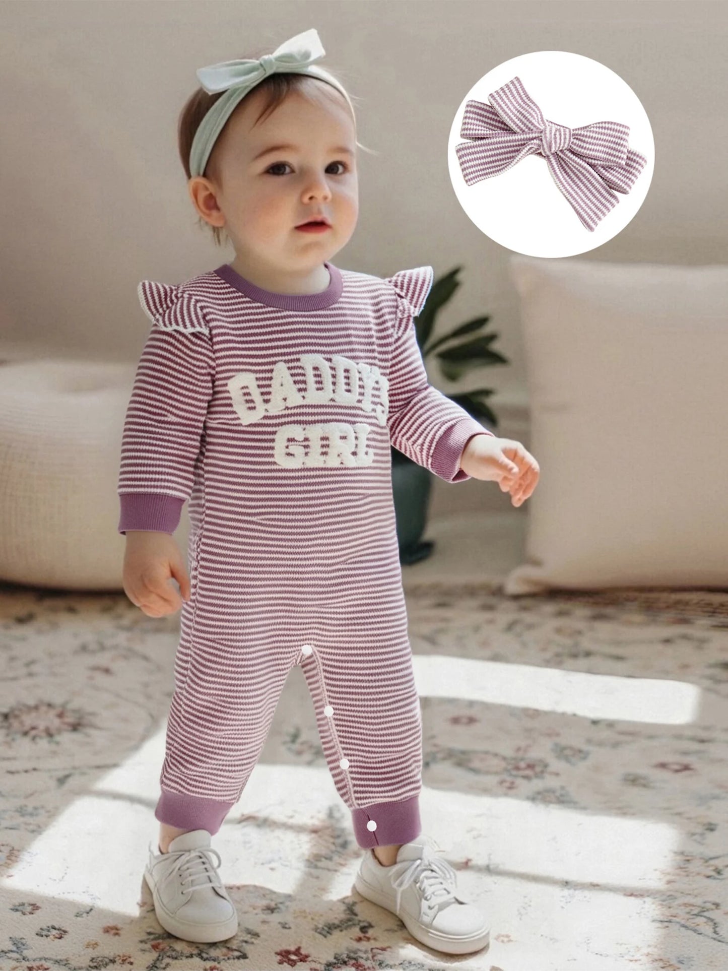 Baby Girls 2Pcs Daddy's Girl Striped Romper Letter Embroidery Ruffled Long Sleeves Jumpsuits and Cute Headband Set