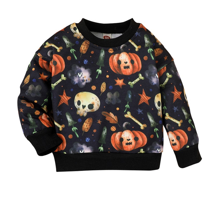 Baby Toddler Kids Boy Girl Halloween Long Sleeve Round Neck Pumpkin Bat Print Pullover Tops