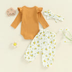 Baby Girls 3Pcs Fall Outfit Long Sleeve Ribbed Romper + Floral Flower Print Pants + Headband Set