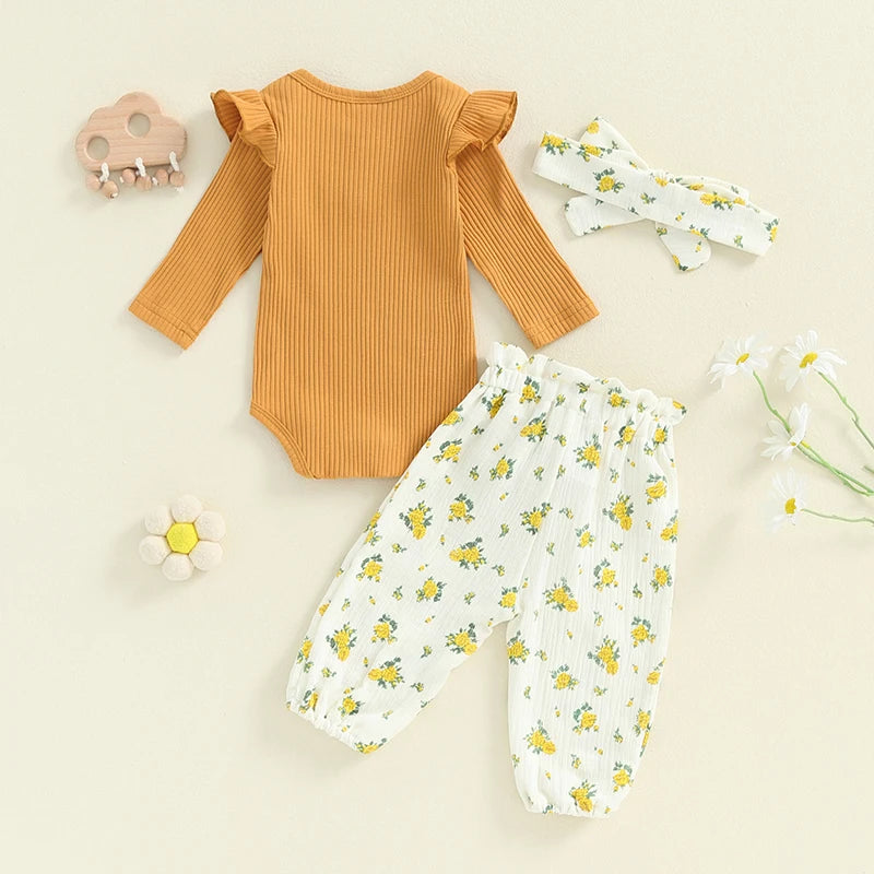 Baby Girls 3Pcs Fall Outfit Long Sleeve Ribbed Romper + Floral Flower Print Pants + Headband Set