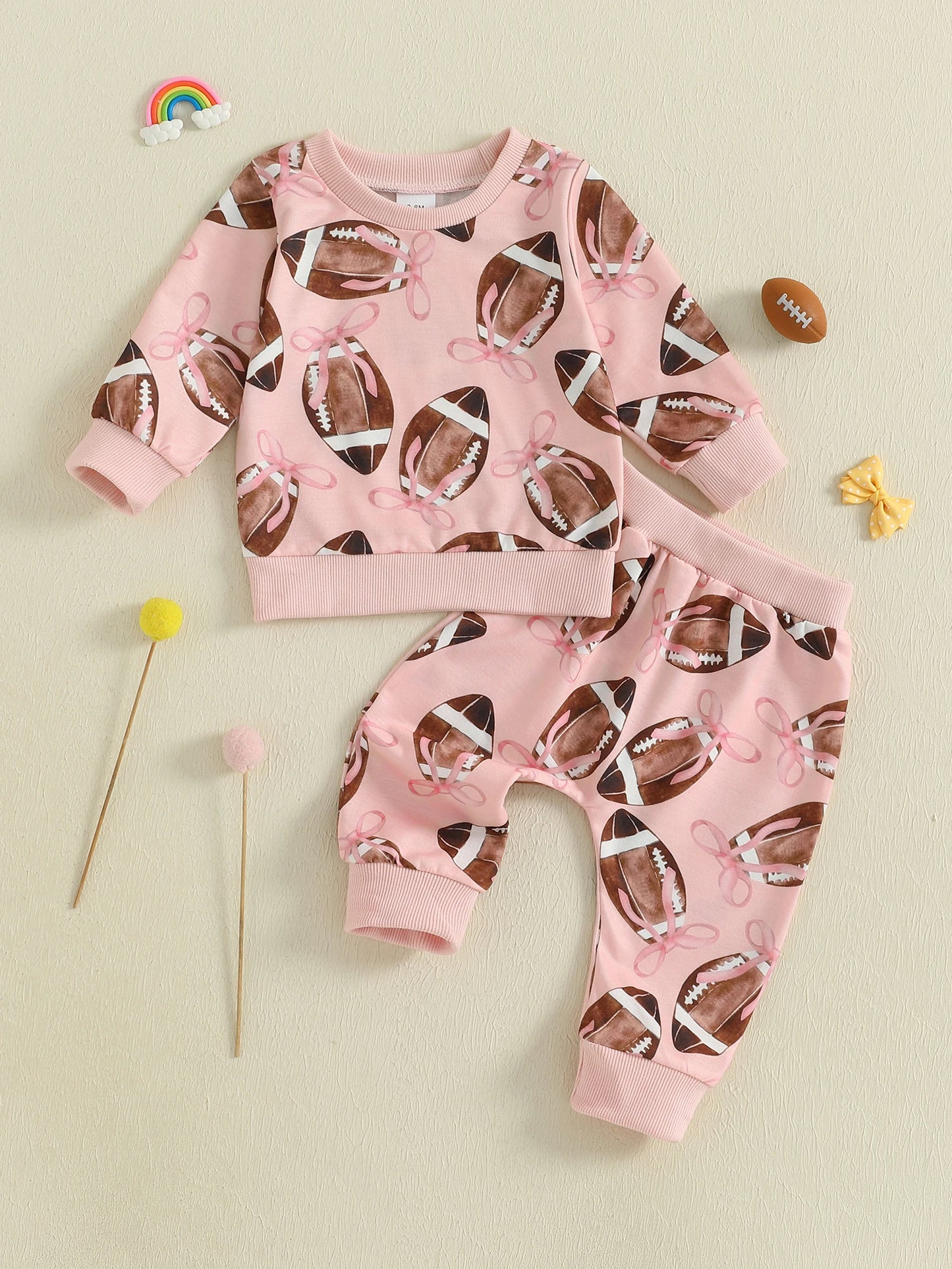 Baby Toddler Girls 2Pcs Fall Outfit Football Bow Print Crew Neck Long Sleeve Top with Pants Jogger Set
