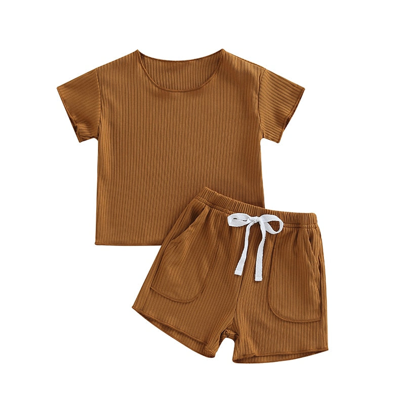 Infant Baby Boys Girls Ribbed Outfit Solid Crew Neck Short Sleeve T-Shirts Shorts