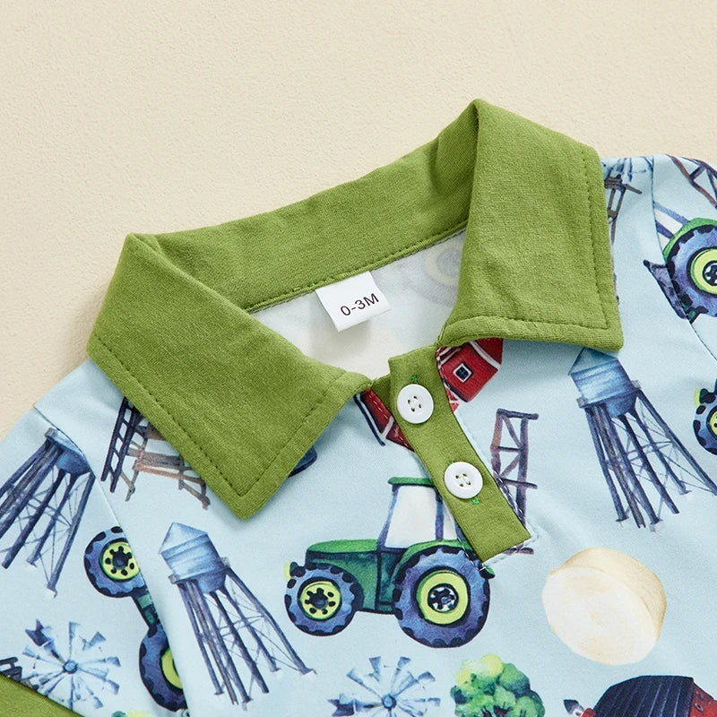 Baby Boys Summer Button Collar Romper Short Sleeve Lapel Western Cowboy Horse Tractor Farm Cactus Cow Print Jumpsuit