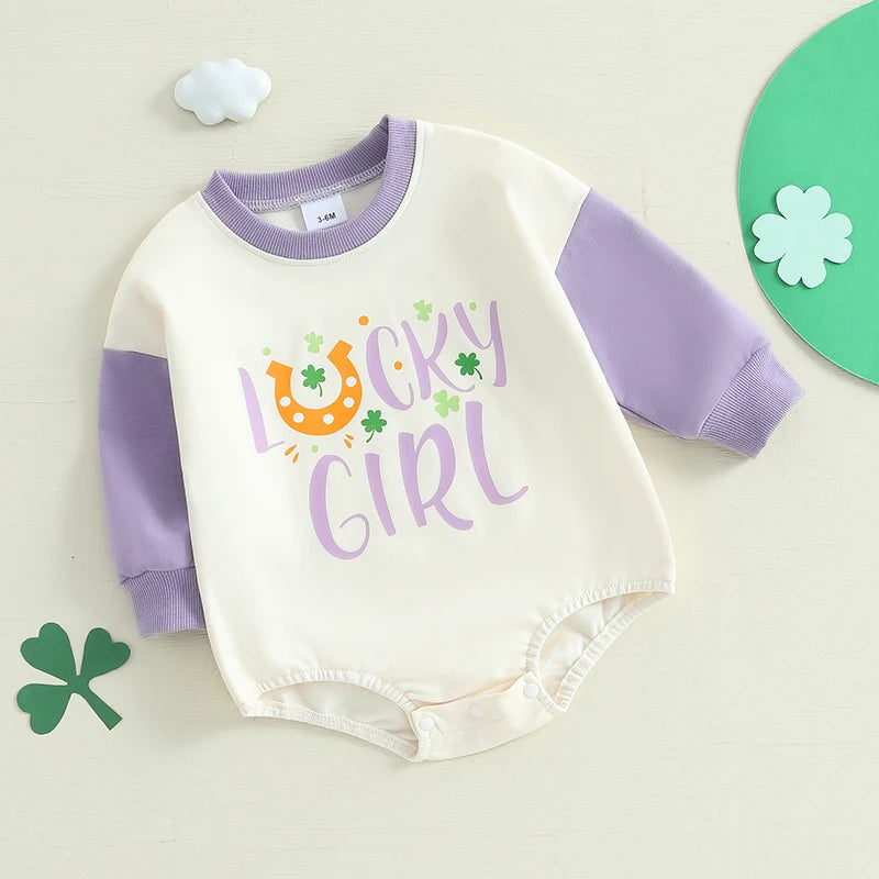 Baby Girls Lucky Girl Spring St. Patrick's Day Bubble Romper Long Sleeve Crewneck Shamrock Horseshoe Print Bodysuit