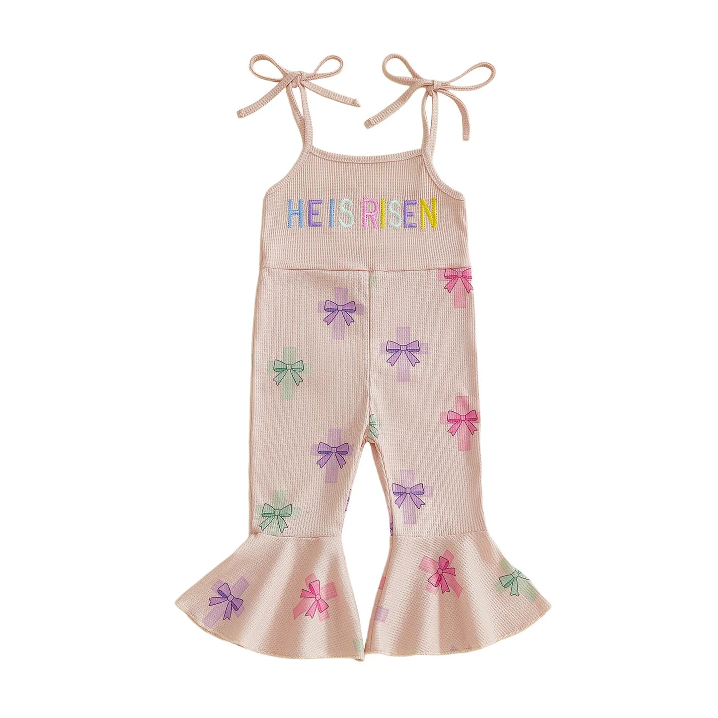 Baby Toddler Girls Easter Jumpsuit Eggstra Bell Bottoms Letter Easter Egg Bunny Bow Pattern Sleeveless Overalls Romper
