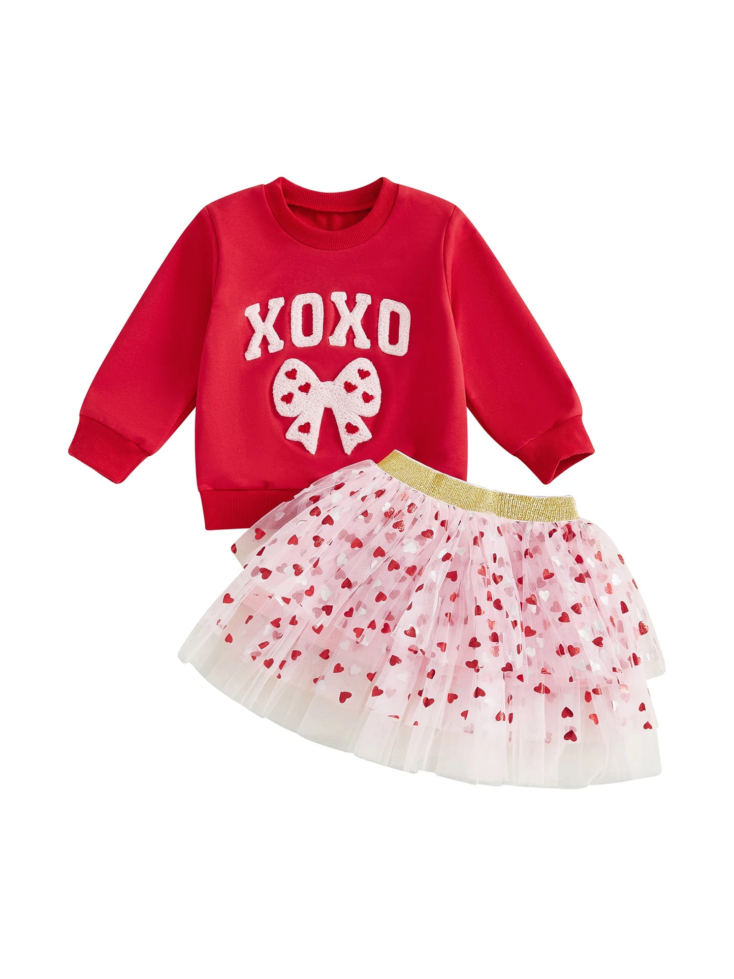 Baby Toddler Girls 2 Pcs XOXO Outfits Bow Letter Embroidery Long Sleeve Crew Neck Top and Heart Patterned Elastic Waist Tulle Tutu Skirt Set