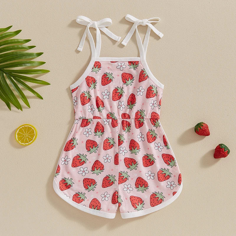 Baby Toddler Kids Girls Jumpsuit Sleeveless Tie Strap Tank Top Strawberry Print Romper Shorts Infant Playsuit