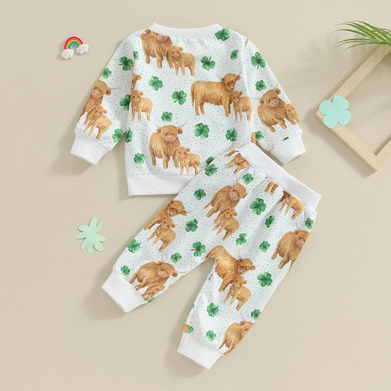 Toddler Baby Girl Boy 2Pcs St. Patrick's Day Outfits Long Sleeve Top Four Leaf Clover Shamrock Cow Print with Pants Set