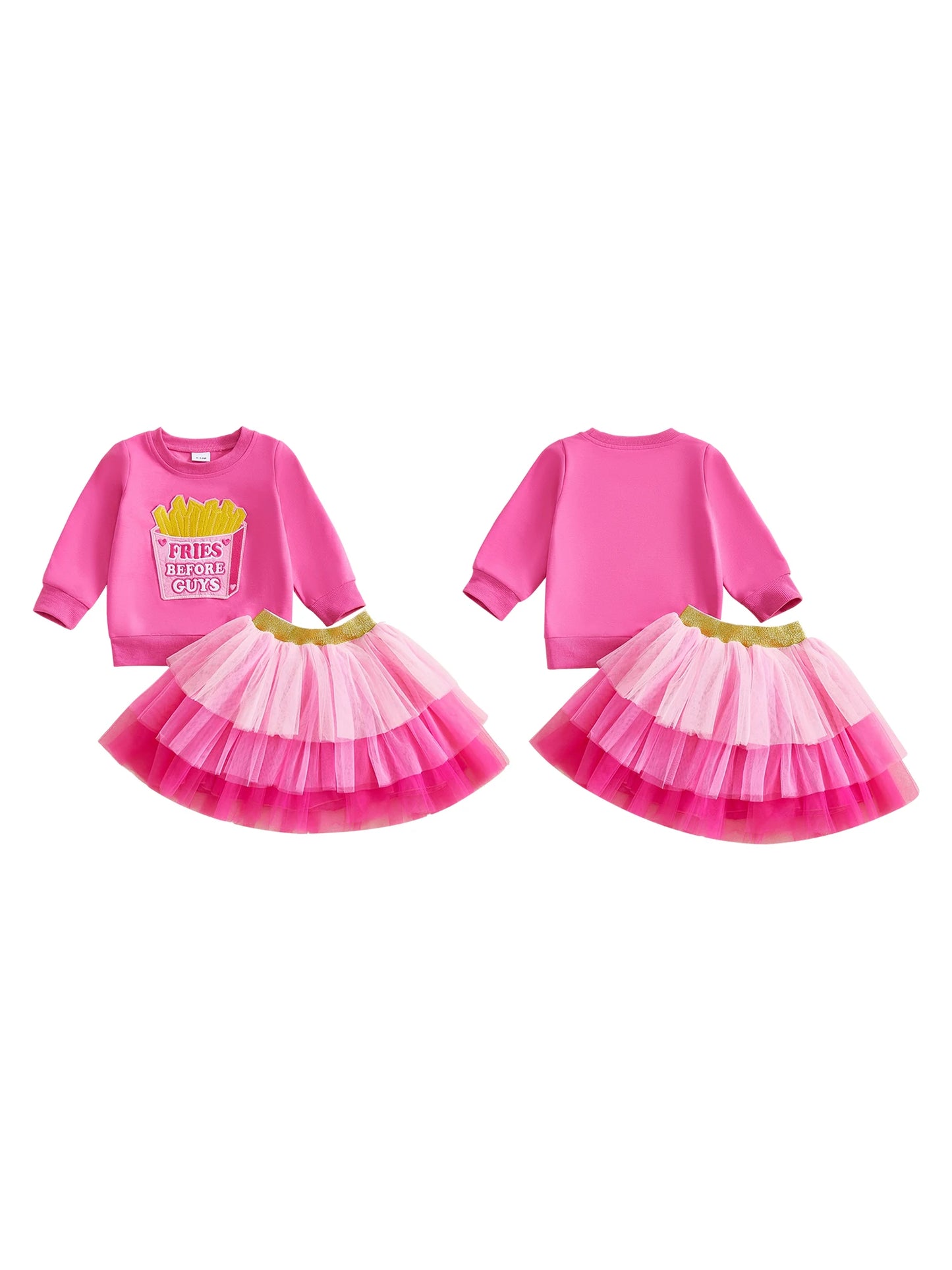 Baby Toddler Girls 2Pcs Fall Outfit French Fries Before Guys Letter Embroidered Long Sleeve Top and Layered Tulle Tutu Skirt Set