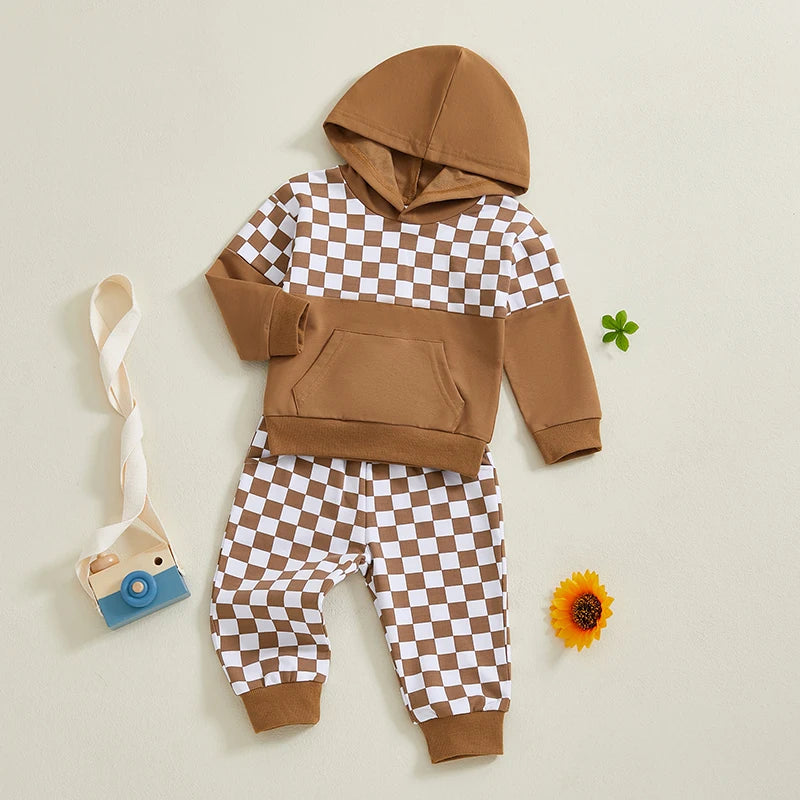 Baby Toddler Boys 2Pcs Outfit Checker Print Long Sleeve Hooded Top Hoodie with Elastic Waist Long Pants Jogger Set