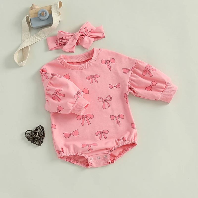 Baby Girl 2Pcs Fall Outfit Bow Print Crew Neck Long Sleeve Bubble Romper Tie-up Headband Set