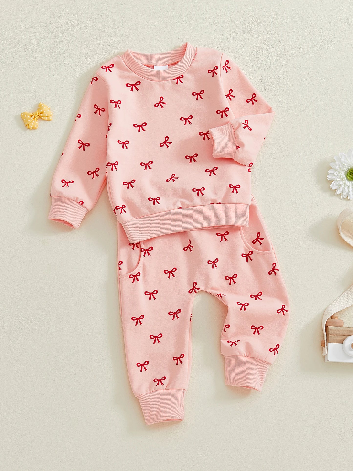 Baby Toddler Girl 2Pcs Fall Outfits Bow Print Long Sleeve Round Neck Pullover + Elastic Waist Long Pants 2Pcs Jogger Set