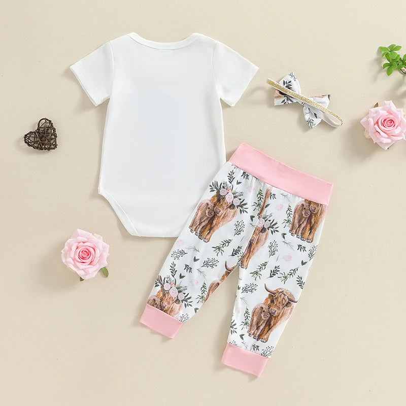 Baby Girls 3Pcs New To The Herd Summer Cow Cattle Print Short Sleeve Romper Elastic Waist Long Pants Bow Headband Outfit Set