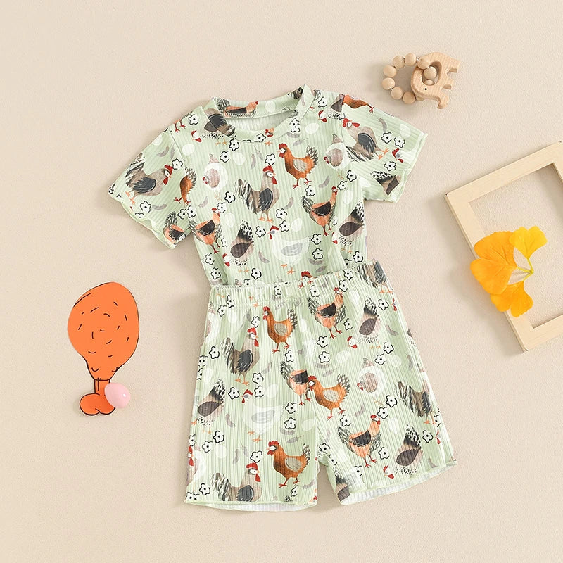 Toddler Kids Girls 2Pcs Clothes Set Chicken Cow Flower Print Short Sleeve Top with Shorts Summer Outfit