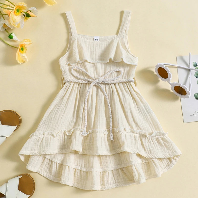 Baby Toddler Girls Summer Dress Casual Sleeveless Tank Square Neck Tie Belt A-Line Dress