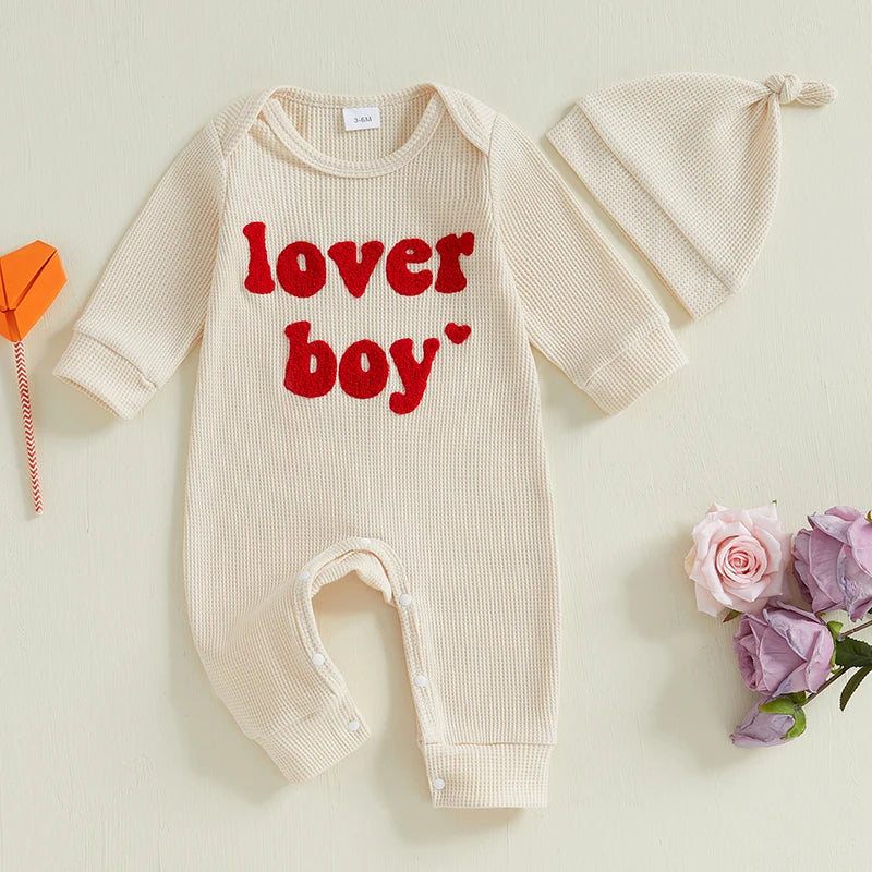 Baby Boy 2Pcs Lover Boy Romper Letter Heart Embroidery Valentines Long Sleeve Full Length Jumpsuit with Hat Valentine's Day Outfit Set