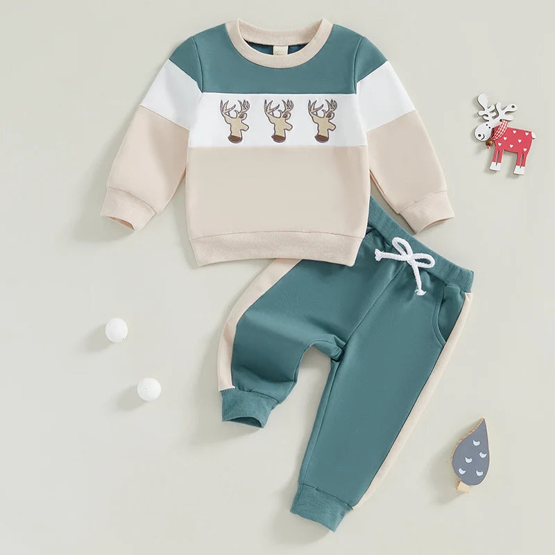 Baby Toddler Boy 2Pcs Christmas Winter Jogger Set Reindeer Whale Deer Duck Embroidery Long Sleeve Crewneck Pocket Long Pants Contrast Outfit