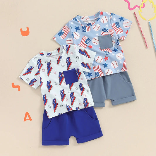 Baby Toddler Boys 2Pcs 4th of July USA Outfits Flag Baseball Lightning Bolt Print Short Sleeve Top Elastic Waist Shorts Clothes Set