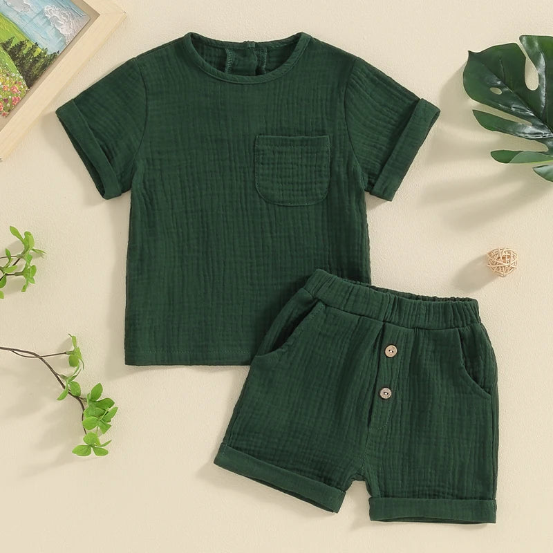 Baby Toddler Boys Girls 2Pcs Summer Clothes Set Solid Cotton Linen Pocket Short Sleeve Top + Button Pocket Shorts Beach Casual Outfit